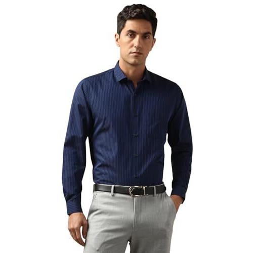 Peter England Premium Wonder Fabric Slim Fit Full Sleeve Striped Formal Shirt Navy