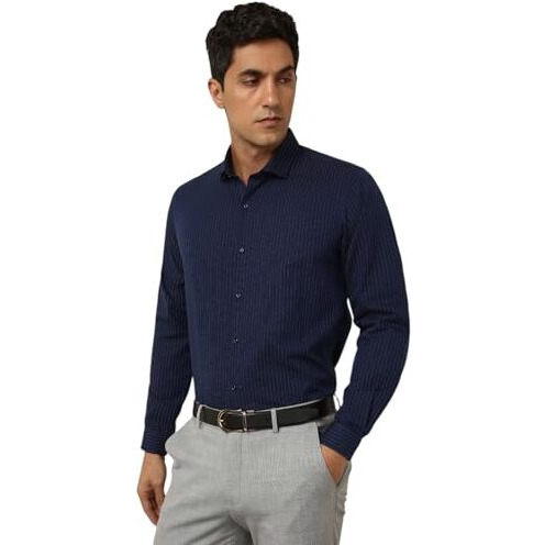 Peter England Premium Wonder Fabric Slim Fit Full Sleeve Striped Formal Shirt Navy