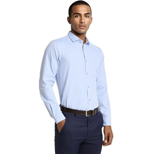Peter England Men's Micro-Checkered Formal Slim Fit Full Sleeve Shirt Blue