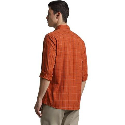 Peter England Men's Checkered Casual Everyday Full Sleeve Slim Fit Shirt|100% Cotton Bronze,42
