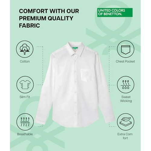 United Colors Of Benetton Shirt For Men | Formal Shirts For Man | Shirts For Mens Stylish | Mens Shirt | Plain Shirts For Men | Full Sleeve Slim Fit White Shirt
