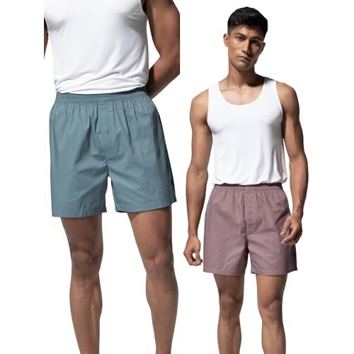 Damensch Regular Fit 100% Cotton Solid Boxers Back Pocket Elastic Waistband Light Weight Comfortable Boxers For Men Pack Of 2 -Sunset Mauve, Arctic Teal-L