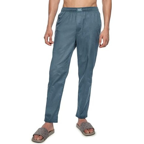 Damensch Men's Regular Fit Cotton Linen Blend Pyjama Side Pockets Back Pocket Drawstring Waistband Super Breathable Fabric Premium Linen Pyjama For Men-Wind Blue-L