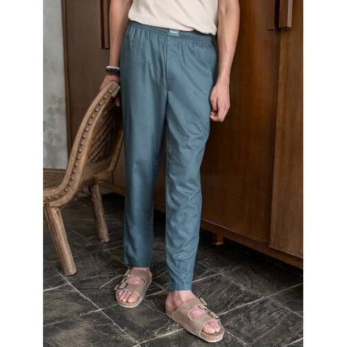 Damensch Men's Regular Fit Cotton Linen Blend Pyjama Side Pockets Back Pocket Drawstring Waistband Super Breathable Fabric Premium Linen Pyjama For Men-Wind Blue-L
