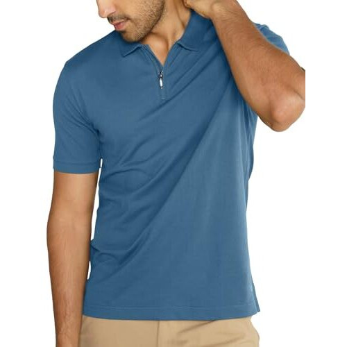 Damensch Constant Men's All-Degree Thermoregulating Pique Contrast Neck Polo T-Shirt - Zipper Steel Blue-L