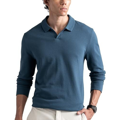 Damensch Statement Waffle Johnny Collar Full Sleeve Polo With Premium Cotton Blend, Waffle Texture, Colours By High-Iq Dyes Heavy Weight Fabric T-Shirt For Men - Teal Blue - M