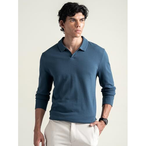 Damensch Statement Waffle Johnny Collar Full Sleeve Polo With Premium Cotton Blend, Waffle Texture, Colours By High-Iq Dyes Heavy Weight Fabric T-Shirt For Men - Teal Blue - M