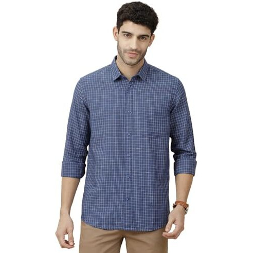 Cavallo By Linen Club Men's Blended Linen Navy Blue Checked Full Sleeve Casual Shirt(Size-42)-Casfck804M259