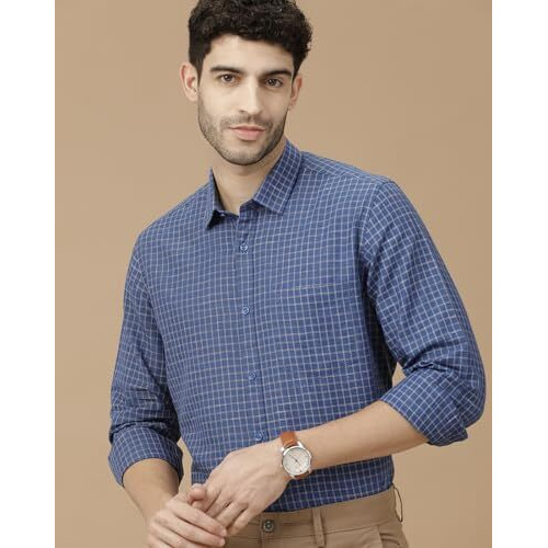 Cavallo By Linen Club Men's Blended Linen Navy Blue Checked Full Sleeve Casual Shirt(Size-42)-Casfck804M259