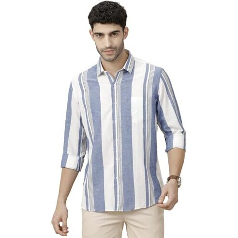 Cavallo By Linen Club Men's Blended Linen Blue Striped Full Sleeve Casual Shirt(Size-42)-Casfst804M237