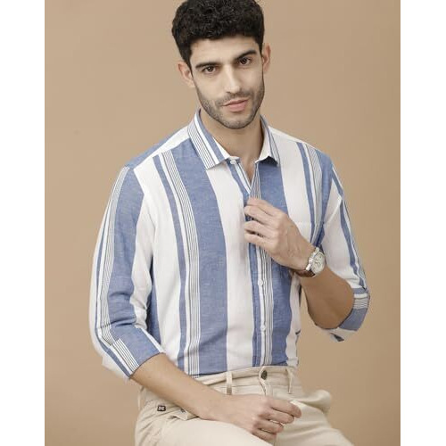 Cavallo By Linen Club Men's Blended Linen Blue Striped Full Sleeve Casual Shirt(Size-42)-Casfst804M237