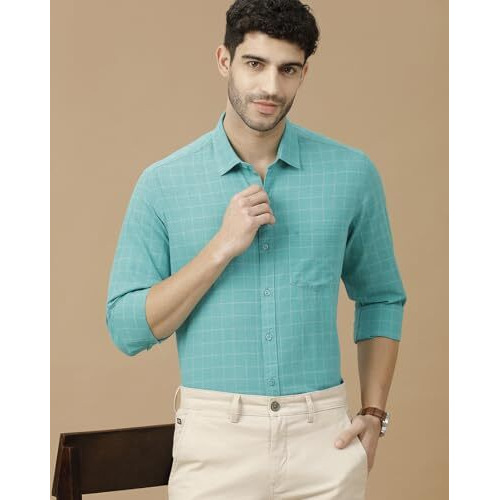 Cavallo By Linen Club Men's Blended Linen Green Checked Full Sleeve Casual Shirt(Size-42)-Casfck804M333