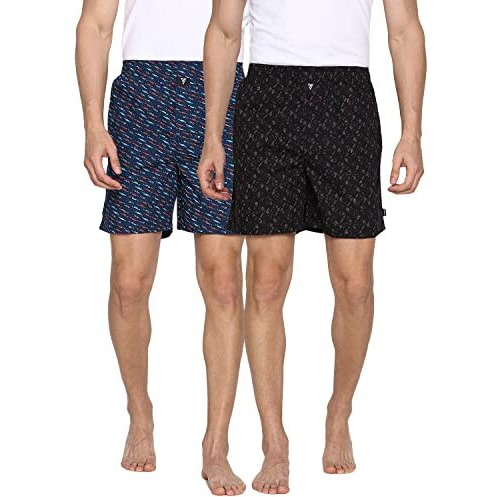 Van Heusen Men Boxer Shorts - 100% Combed Cotton - Pack Of 2 - Allover Print, Side Pocket, Side Slits Blue, Black