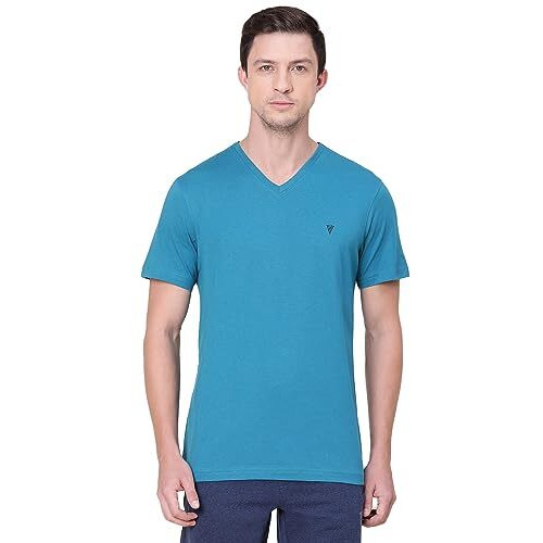 Van Heusen Men Athleisure Smart Tech Regular Fit T-Shirt - Easy Stain Release, Anti Stat, Ultra Soft_60001_Turkish Blue_L