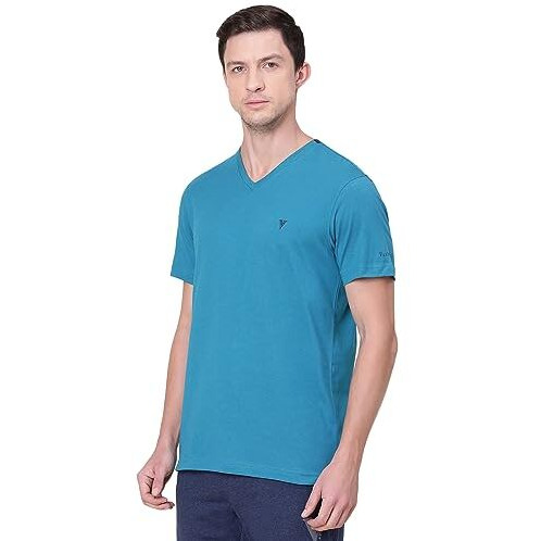 Van Heusen Men Athleisure Smart Tech Regular Fit T-Shirt - Easy Stain Release, Anti Stat, Ultra Soft_60001_Turkish Blue_L