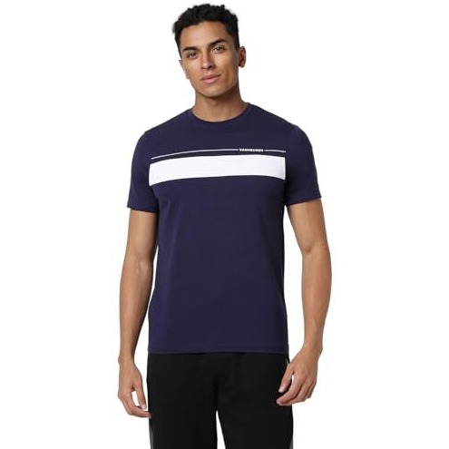 Van Heusen Men's Cotton Blend Flex Striped Regular T-Shirt (Vfkcaatfr49294_Navy L)