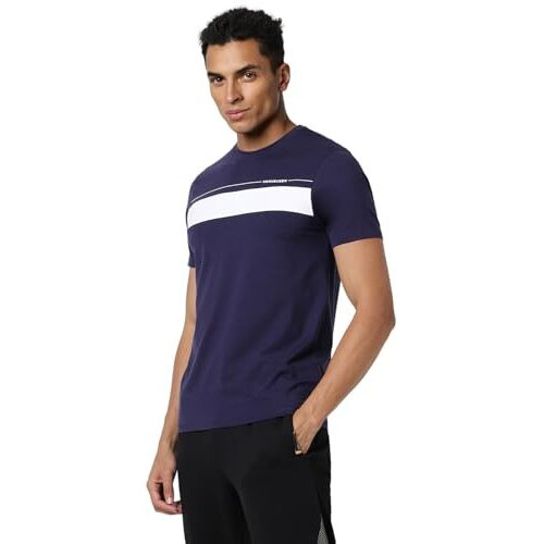 Van Heusen Men's Cotton Blend Flex Striped Regular T-Shirt (Vfkcaatfr49294_Navy L)