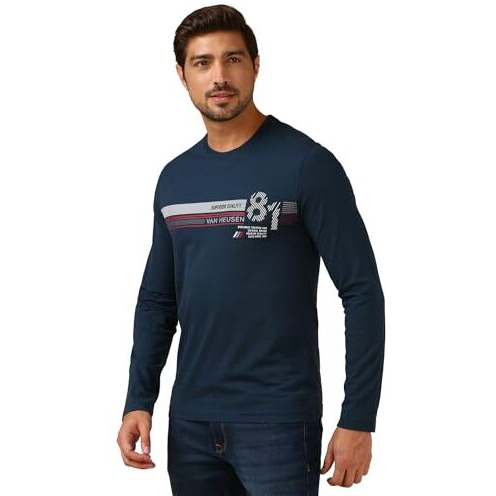 Van Heusen Cotton Men's Regular Fit T-Shirt (Ihqts1Ldss60095_Navy_Medium_Blue