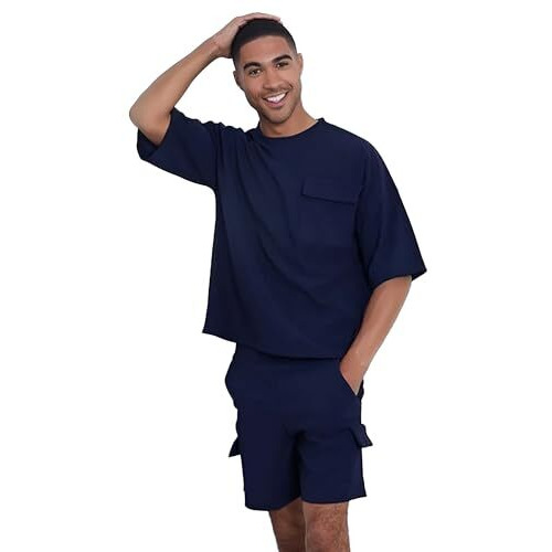 Nobero Men's Navy Blue Monochrome Co-Ord Set With Halfsleeve Tee And Shorts