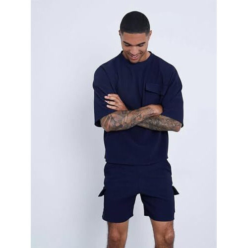 Nobero Men's Navy Blue Monochrome Co-Ord Set With Halfsleeve Tee And Shorts