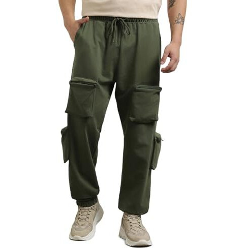 Nobero Men's Mid Rise Relaxed Mid Rise Sweatpants (1M-Bwjg-R0112_Olive Green, 3Xl