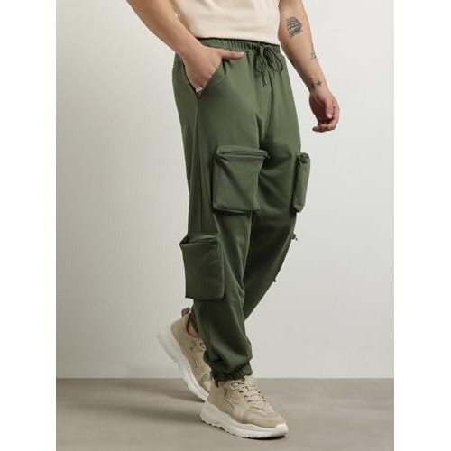 Nobero Men's Mid Rise Relaxed Mid Rise Sweatpants (1M-Bwjg-R0112_Olive Green, 3Xl