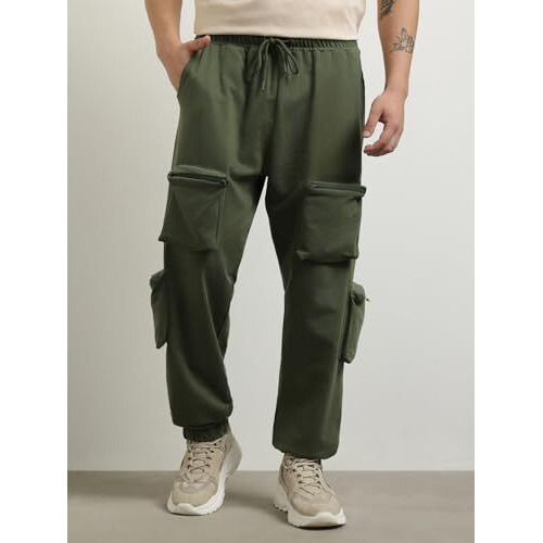 Nobero Men's Mid Rise Relaxed Mid Rise Sweatpants (1M-Bwjg-R0112_Olive Green, 3Xl