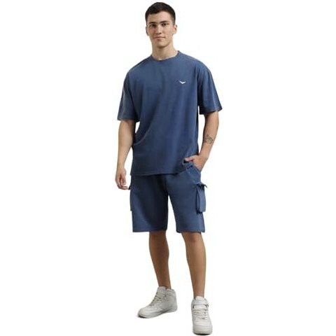 Nobero Oversized Cargo Shorts Co-Ord Navy Oversized T-Shirt & Shorts Co Ord Set(1M-Lwcs-R0100-Nb5_Navy Blue_Xl)