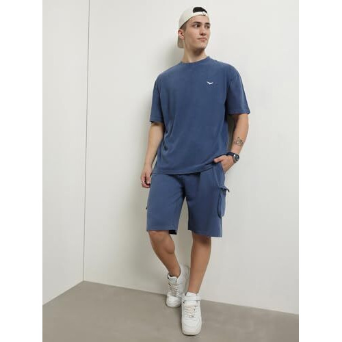 Nobero Oversized Cargo Shorts Co-Ord Navy Oversized T-Shirt & Shorts Co Ord Set(1M-Lwcs-R0100-Nb5_Navy Blue_Xl)