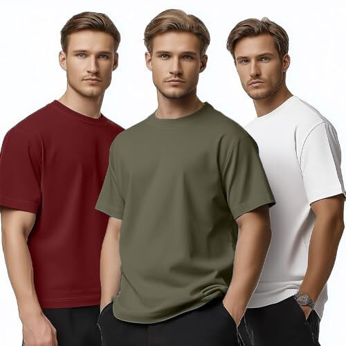 Nobero Men's Cotton Solid Regular Fit T-Shirt (1M-Twts-R0008_Olive/White/Wine Red, Xl