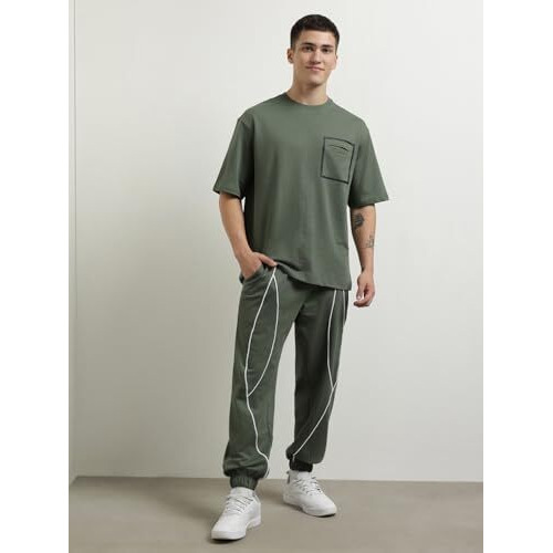 Nobero Men's Solid Relaxed Co-Ord Sets (1M-Lwcs-R0173_Olive Green