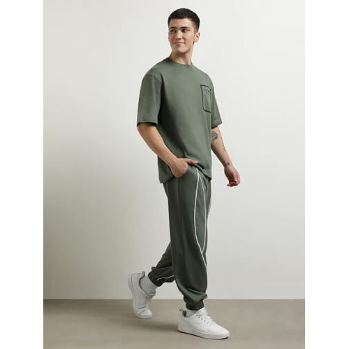 Nobero Men's Solid Relaxed Co-Ord Sets (1M-Lwcs-R0173_Olive Green