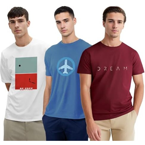 Nobero Cotton Men's Letter Print Regular Fit T-Shirt (1M-Twts-C0766-148X5_White/Wine Red/Marine, Xl