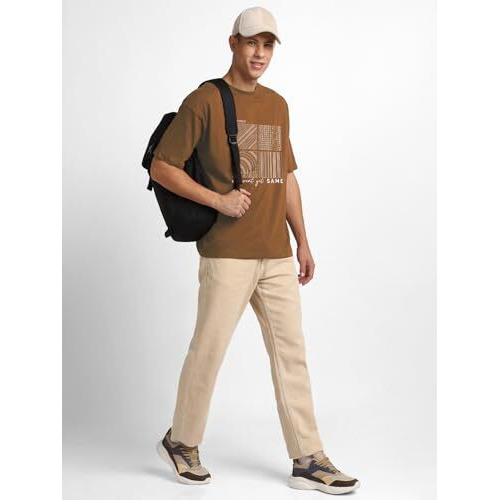 Nobero Men's Cotton Graphic Print Oversized Fit T-Shirt (1M-Twrt-C0773-Ns_Brown