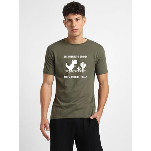 Nobero Men's Letter Print Regular Fit T-Shirt (1M-Twts-C0784-171X_Olive Green/Black/Sand