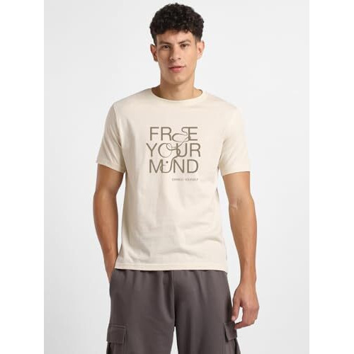 Nobero Men's Letter Print Regular Fit T-Shirt (1M-Twts-C0784-171X_Olive Green/Black/Sand