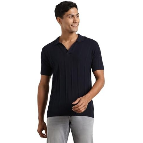 Nobero Men's Cotton Self Design Regular Fit Polo Shirt (1M-Twpo-R0013_Navy Blue, Medium