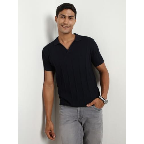 Nobero Men's Cotton Self Design Regular Fit Polo Shirt (1M-Twpo-R0013_Navy Blue, Medium