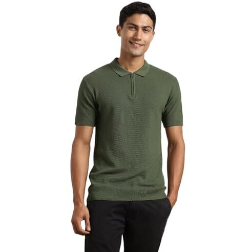 Nobero Men's Self Design Regular Fit Polo Shirt (1M-Twpo-R0014_Olive Green