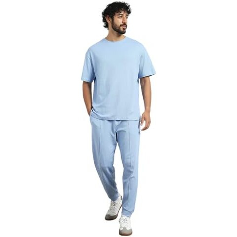 Nobero Moses Powder Oversized T-Shirt & Joggers Co Ord Set(1M-Lwcs-R0079-Pbl4_Powder Blue_L)