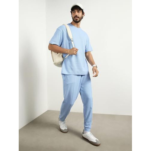 Nobero Moses Powder Oversized T-Shirt & Joggers Co Ord Set(1M-Lwcs-R0079-Pbl4_Powder Blue_L)