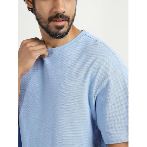 Nobero Moses Powder Oversized T-Shirt & Joggers Co Ord Set(1M-Lwcs-R0079-Pbl4_Powder Blue_L)