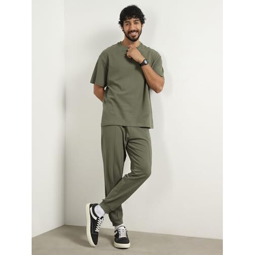 Nobero Moses Olive Oversized T-Shirt & Joggers Co Ord Set(1M-Lwcs-R0079-Og4_Olive Green_L)