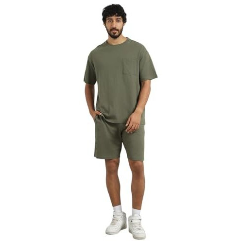 Nobero Hudson Olive Oversized T-Shirt & Shorts Co Ord Set(1M-Lwcs-R0080-Og3_Olive Green_M)