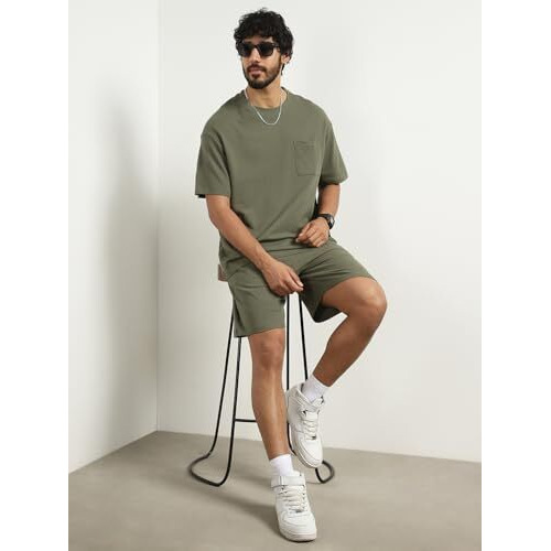 Nobero Hudson Olive Oversized T-Shirt & Shorts Co Ord Set(1M-Lwcs-R0080-Og3_Olive Green_M)