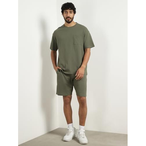 Nobero Hudson Olive Oversized T-Shirt & Shorts Co Ord Set(1M-Lwcs-R0080-Og3_Olive Green_M)