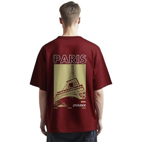 Nobero Men's Graphic Print Oversized Fit T-Shirt (1M-Twrt-C0838-Pal_Wine Red
