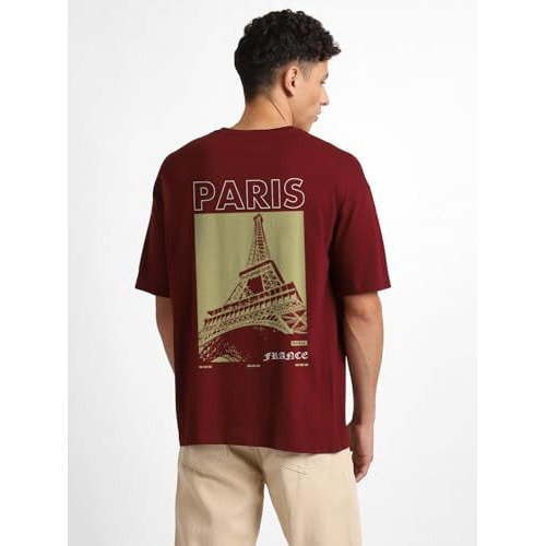 Nobero Men's Graphic Print Oversized Fit T-Shirt (1M-Twrt-C0838-Pal_Wine Red