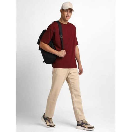 Nobero Men's Graphic Print Oversized Fit T-Shirt (1M-Twrt-C0838-Pal_Wine Red