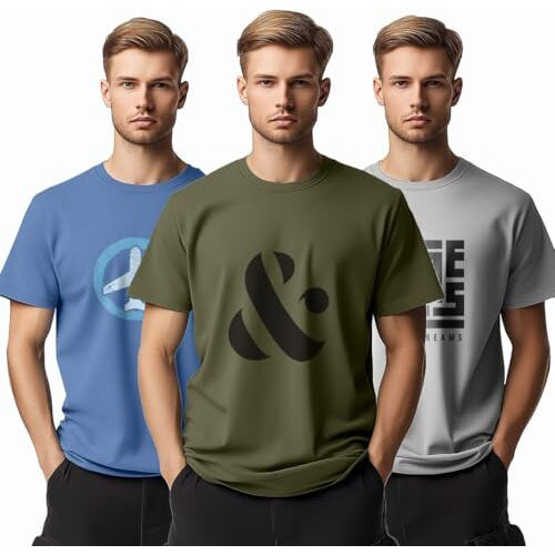 Nobero Men's Graphic Printed Regular Fit T-Shirt (1M-Twts-C0948-216X_Marine / Olive Green/Grey Melange
